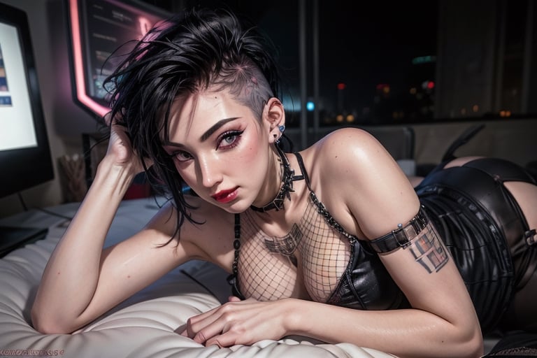 1 girl, small breasts, close up face, looking at viewer, open smile, fishnet bra septum piercing ,red lips, half shaved head, ear piercings, heavy make-up, heavy make-up, 3 metal fingers, cyber eye, cyberpunk outfit, cyberpunk tight leotard, giant tv screens turned on, sexy, hair, large wrist device computer, bathroom tiles, cyberpunk bedroom, cyberpunk furniture, Binary tattoo , bed room, bed, pillow, selife,