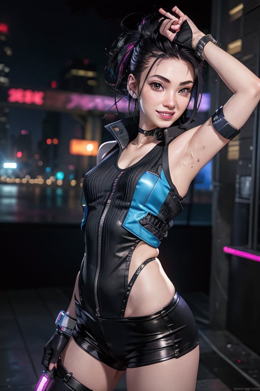 1 cyberpunk, night city, 1 woman, cybernetic, cyberware, jacket, breasts, cyber arm, jacket, tank top, abs, cyberware on face, arms, legs, cute, breasts, netrunner, ,inst4 style, smile, cyberware, smile, cute, selife