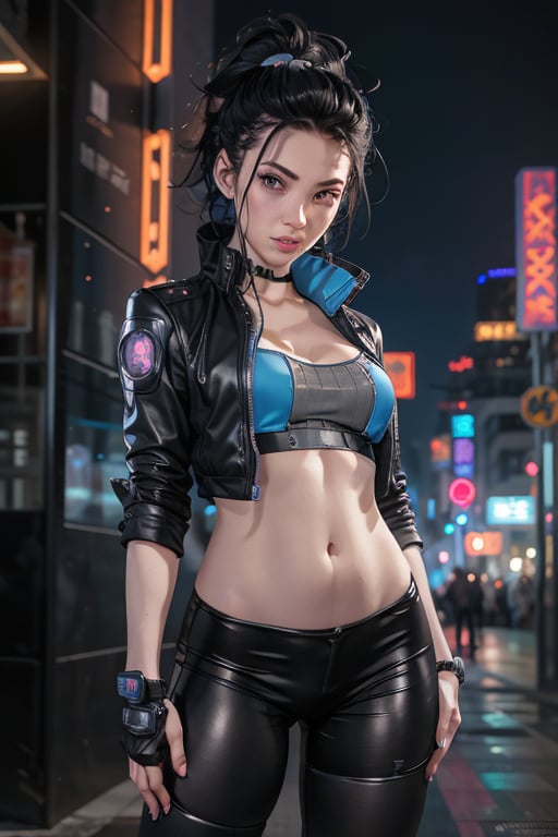 1 cyberpunk, night city, 1 woman, cybernetic, cyberware, jacket, breasts, cyber arm, jacket, tank top, abs, cyberware on face, arms, legs, cute, breasts, netrunner, ,inst4 style