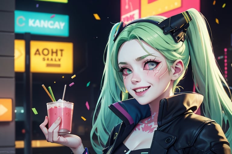 1 girl, party hat, celebrating, party, cyberpunk apartment, happy, cake, confetti, grinning, lose up, blonde hair, blue eyes, ,cprebecca, prebecca, colored skin, white skin, green hair, twintails, artificial eye, colored sclera, red sclera, night city, future cars, selife, ,colored skin,white skin,green hair,twintails