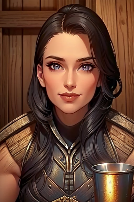 1 girl, close up, smile, close up, wooden walls, wooden pillars, Taven, table, tankard, armour, sword, paintings, torch, sword, inn, drinking, ale, mead, chairs, tables, music, open fire,photo of perfecteyes eyes