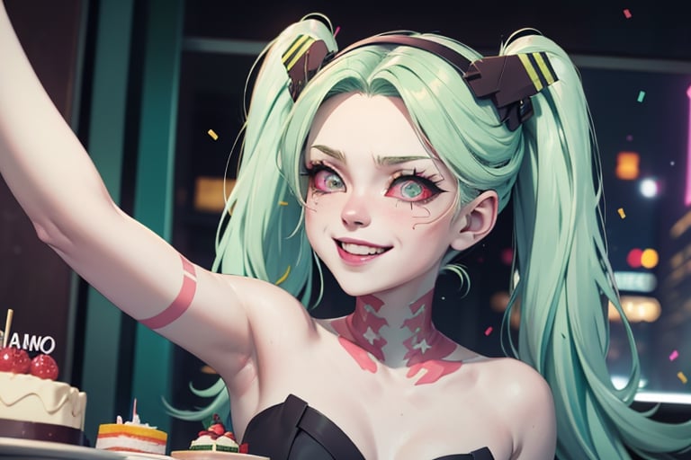 1 girl, party hat, celebrating, party, cyberpunk apartment, happy, cake, confetti, grinning, lose up, blonde hair, blue eyes, ,cprebecca, prebecca, colored skin, white skin, green hair, twintails, artificial eye, colored sclera, red sclera, night city, future cars, selife, ,colored skin,white skin,green hair,twintails