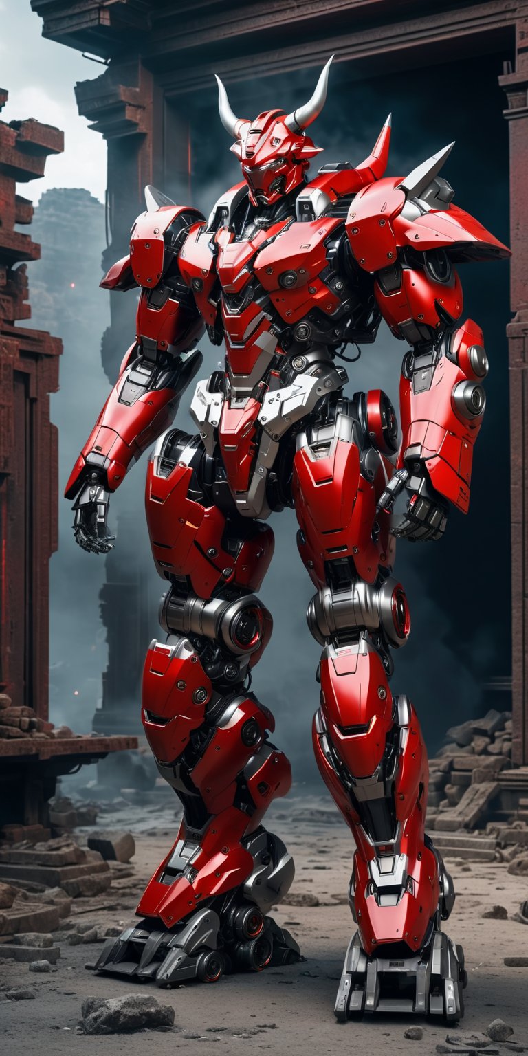 full body, red minotaur robot with white accent, lightning sparks eye glow, bulky metallic mechanical parts, open cockpit on chest, ruins background, hyper-realistic, masterpiece, best quality, 8k ultra HD