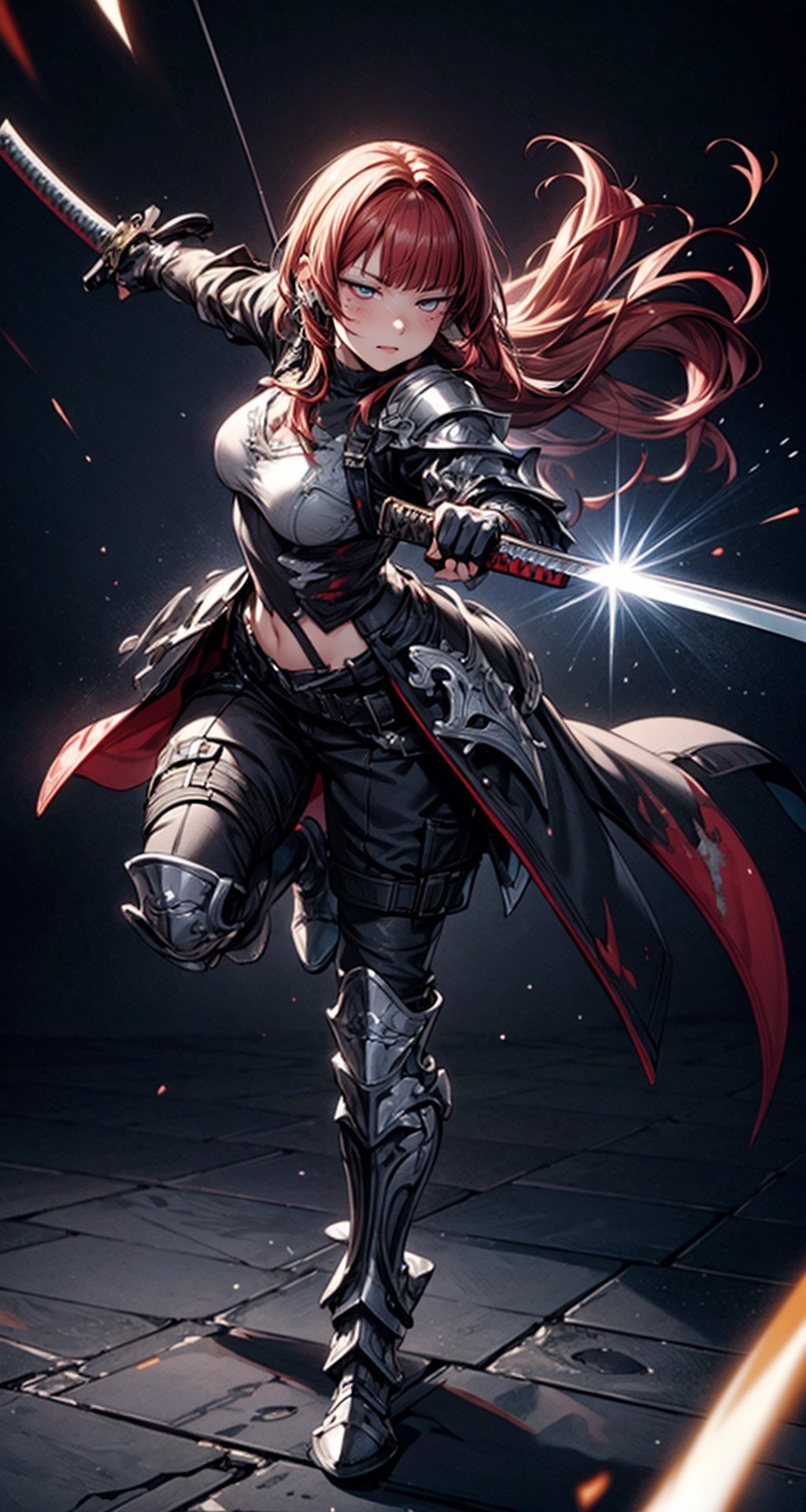 a surrealism and hyper realism full body shot photo of a girl in her late twenties sporting a long dark red hair with blunt bangs and wearing a metalic armor ordained with intricate filigree, she is holding a bloodied katana while posing as if she is about to strike, ultra high definition, 64k UHD, (((final fantasy like CG rendering))), masterpiece, intricate details, best quality, beautifully detailed eyes and hyper realistic skin with visible skin pores, add detail, Enhance, surrounded by beams of light and glowing light particles