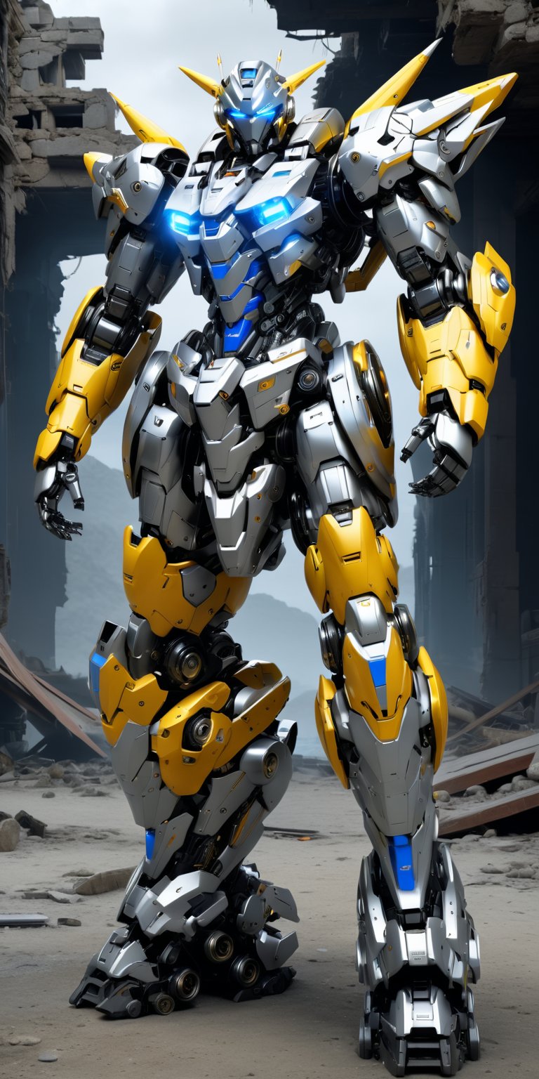 full body, yellow and silver mecha robot, lightning blue strike eye glow, bulky metallic mechanical parts, open cockpit on chest, ruins background, hyper-realistic, masterpiece, best quality, 8k ultra HD