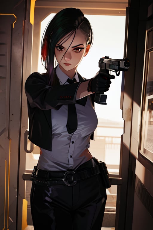 1 girl, black suit, red tie, white shirt, black driving gloves, black pants, future style, aiming pistol surpressor, pistol pose, 