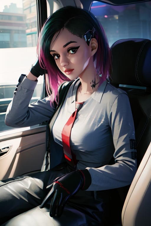 1 girl, black suit, red tie, white shirt, black driving gloves, 