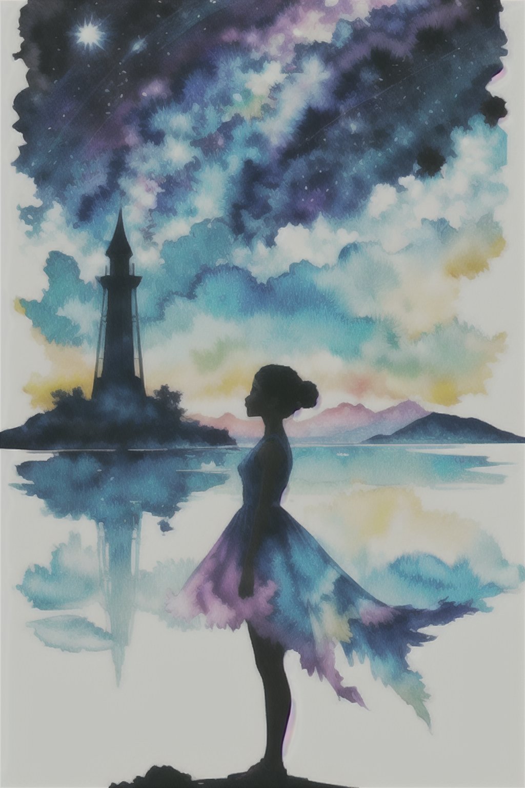 Envision a silhouette of a confident and determined girl, standing tall amidst a mesmerizing landscape of dreamlike colors. Utilize watercolor effects to add a touch of magic and enchantment, symbolizing the power of imagination.