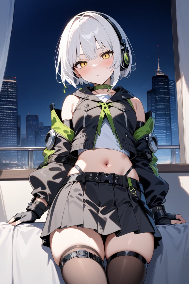 city_background, high_resolution, best quality, extremely detailed, HD, 8K, masterpiece, best quality, very aesthetic, absurdres, (newest) explicit, 1 girl, emotionless, figure_sexy, hot, (night:1.0), short hair, bangs, skirt,  thighhighs, gloves, navel, black jacket, yellow eyes, , white hair, pleated skirt, black gloves, midriff, belt, black thighhighs, fingerless gloves, black skirt, thigh strap, detached sleeves, cropped jacket, green choker, headphones, black pleated skirt, anby demara