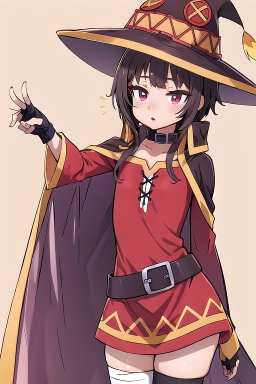 bedroom_background, high_resolution, best quality, extremely detailed, HD, 8K, 1_girl, solo, figure_sexy, , low_stature, Megu-KJ, Blora Megu hat, megu dress, megu cape, belt, collar, asymmetrical legwear, thighhighs, bandaged leg , gloves, (dynamic_pose:1.4), Megu hat