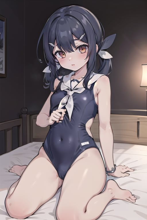 bedroom_background, high_resolution, best quality, extremely detailed, HD, 8K, 1_girl, solo, figure_sexy,  black hair, brown eyes, hairclip, bangs
miyumagirl, twintails, long hair, hair ornament, magical girl, (school_swimsuit1.4), , Blora,  (night:1.6), 