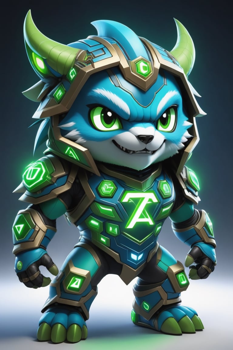 Hexatron, mascot, chibi, blue and green, electric effect, the letters "TA" marked in the mascot chest, High definition, Photo detailed, intricate, production cinematic character render, ultra high quality model,Monster,Leonardo Style, illustration