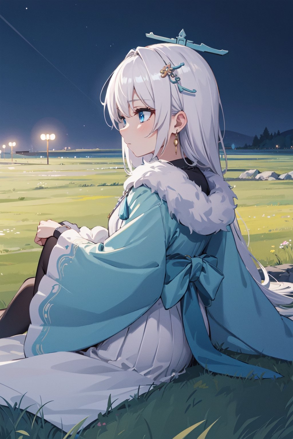 Masterpiece, high quality, best quality, (extremely detailed), intricately detailed, (natural lighting), BREAK side view, 1girl, solo, starlit astrologos, chinese clothes, white hair, (chinese headpiece), (zanzi), earrings, blue eyes, night sky, night time, dark, mature, laying down, on grass, on back, flat grassy plains, 