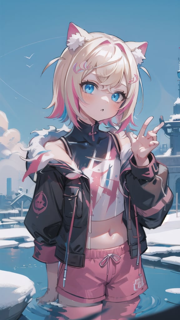 Masterpiece, high quality, ultra detailed, cinematic lighting, vibrant, richly colored, BREAK
1girl, upper body, female focus, MococoAbyssgard, anxious, parted lips, head tilt, multicolor_hair, blonde, pink highlights, jacket, crop top, shorts, BREAK beautiful serene sky,MococoAbyssgard