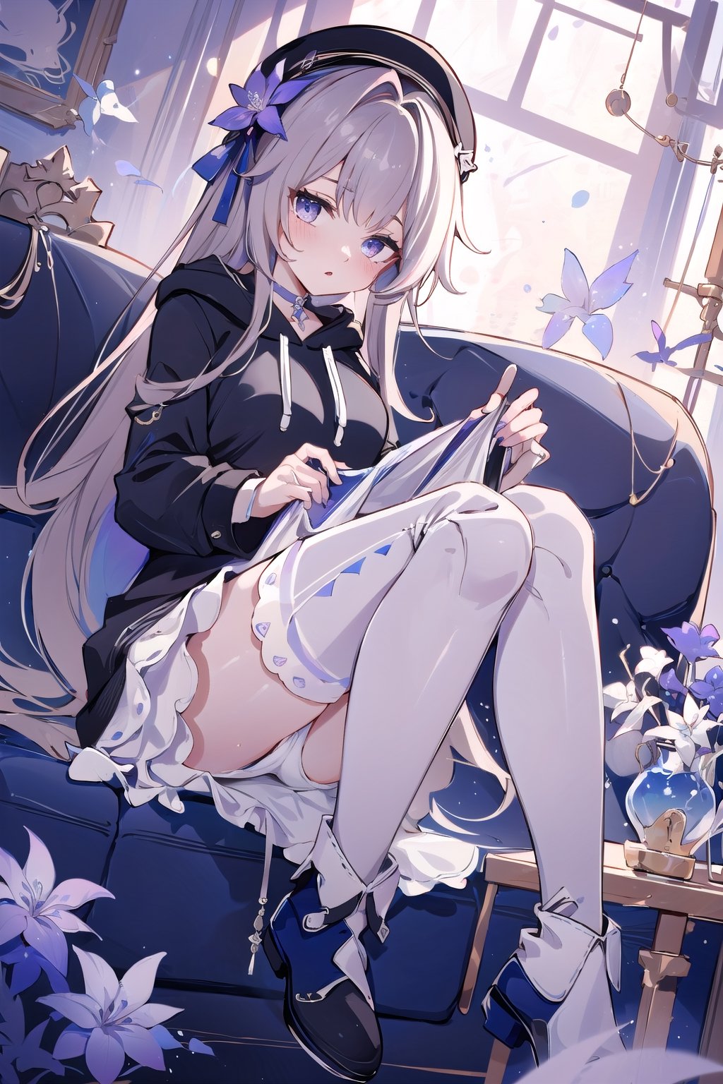 Masterpiece, intricate details, extremely detailed, natural lighting, perfect face, BREAK (slightly to the side, closeup:1.3), Dutch angle, 1girl, Herta, (sitting on couch:1.3), (oversized hoodie:1.4), (lift knees, knees together:1.4), (miniskirt), long hair, (thighhighs:1.3), (parted lips), (blushing:1.2), panty, hat, flower hair decoration, medium breasts, purple eyes, looking at viewer, BREAK modern room, living room, furniture, field of view, bokeh,