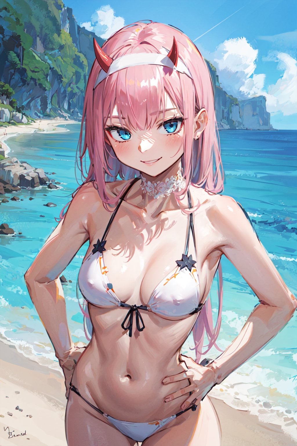 Masterpiece, high quality, best quality,  (extremely detailed), intricately detailed, (natural lighting), BREAK upper body shot, slightly above, 1girl, zero two, tiny horns, headband, hands on hips, (evil smile:1.2), bikini, pink hair, long hair, blue eyes, medium breasts, cleavage, standing, (looking at viewer), beach,