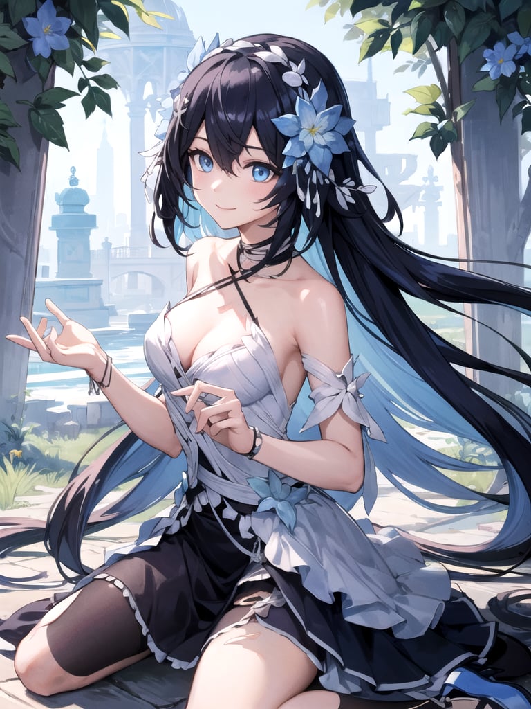 best quality, masterpiece, cinematic lighting, highly detailed, highres, 1girl, solo, horb, long hair, blue highlights, blue eyes, flowers, (light smile:1.2), wariza, cowboy shot, extremely detailed background, public park,