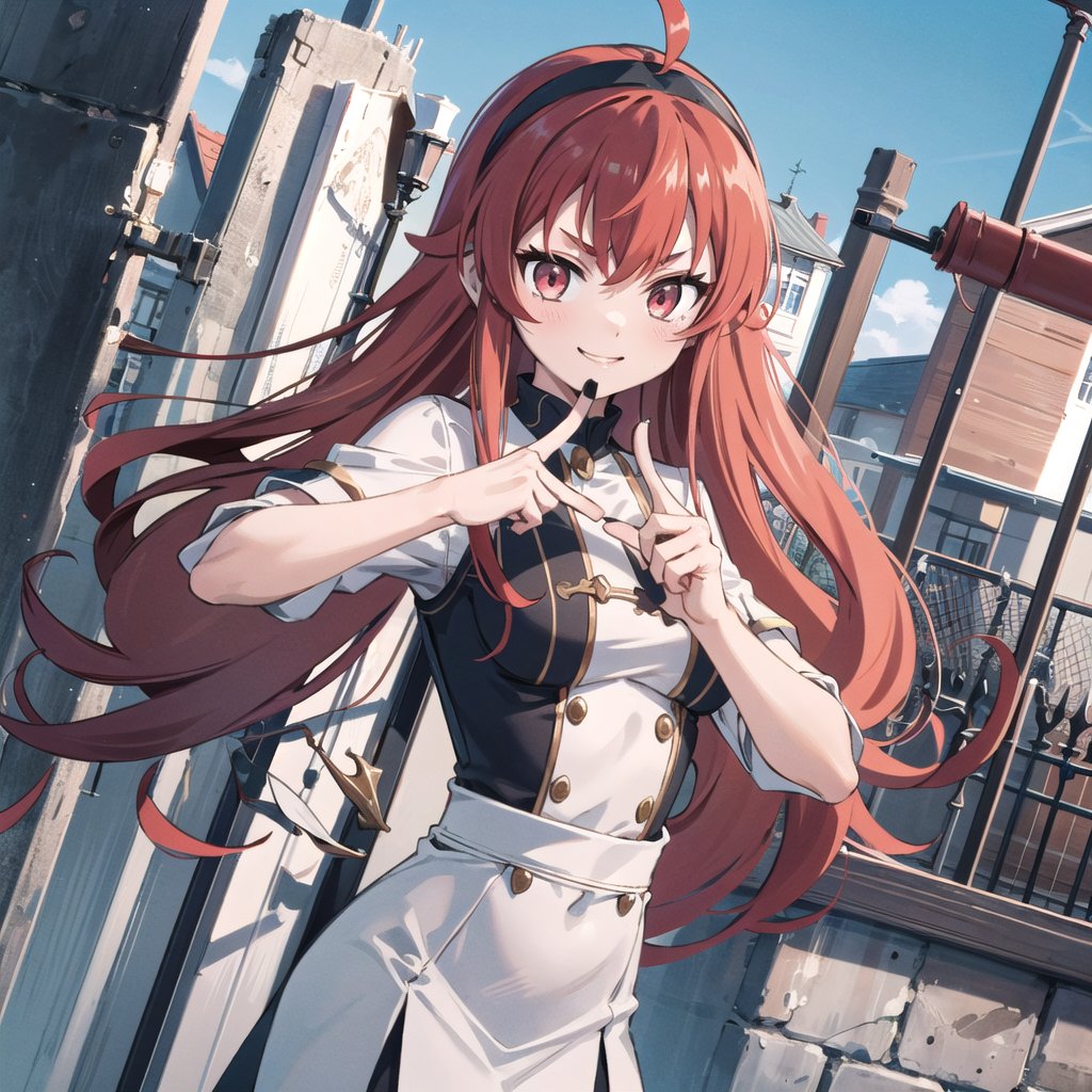 masterpiece, highres, intricate details, perfect face, perfect body proportions, perfect anatomy, simple lighting, 
BREAK
((dutch angle), upper body),
BREAK
1girl, ((finger_gun:1.4), pointing at viewer1.2), posing, evil smile, ahoge, bangs, hairband, long_hair, looking_at_viewer, red_eyes, red_hair, solo, outdoors, backyard, fences,finger_gun