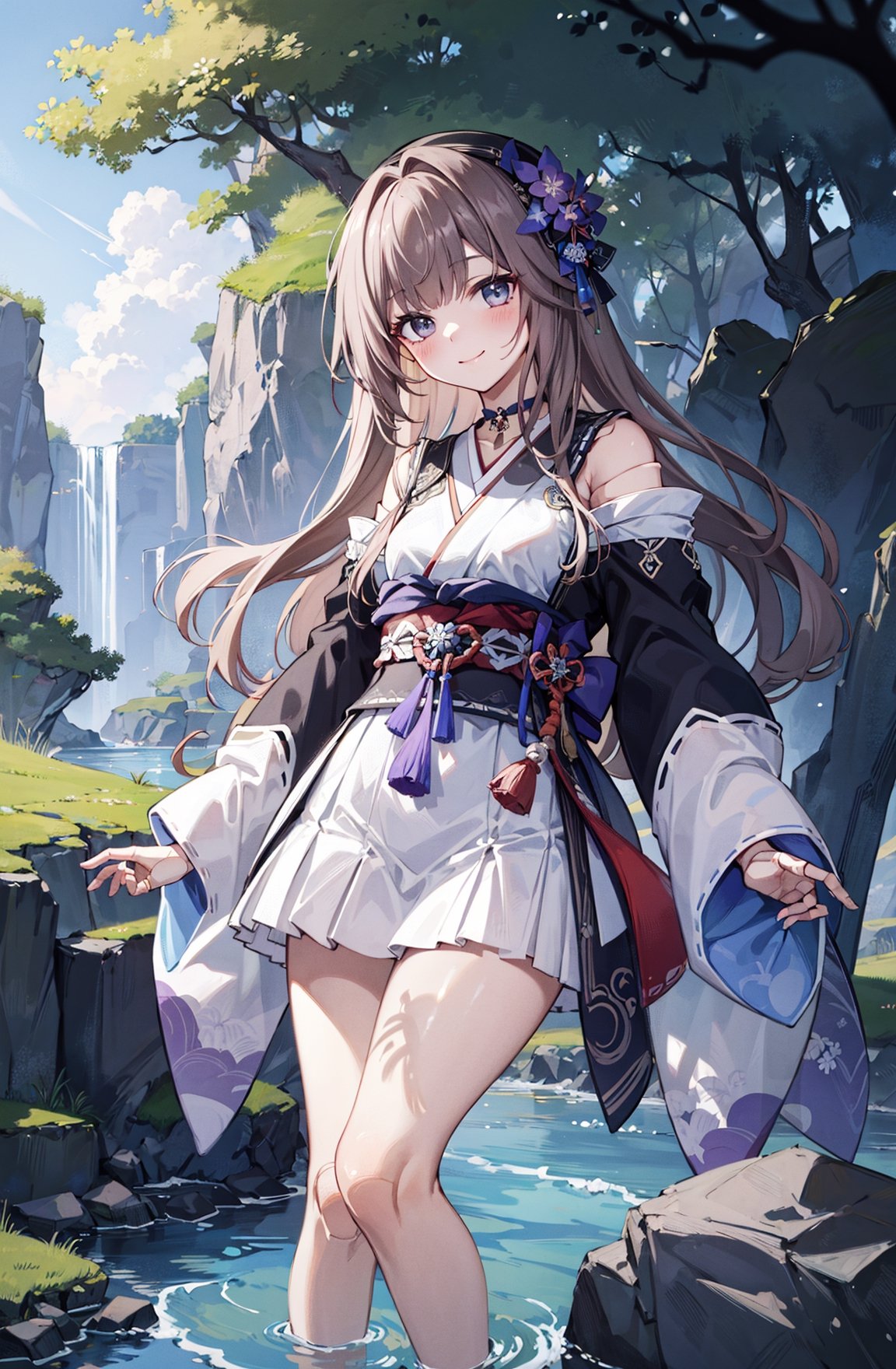 Masterpiece, intricate details, extremely detailed,  natural lighting, perfect face BREAK upper body, 1girl, solo, Herta, cute, petite, standing, (japanese haori:1.3), offshoulder, long sleeves, long hair, blush, light smile, small breasts, grey eyes, looking at viewer, BREAK nature, grassy plains, river stream, rocks,