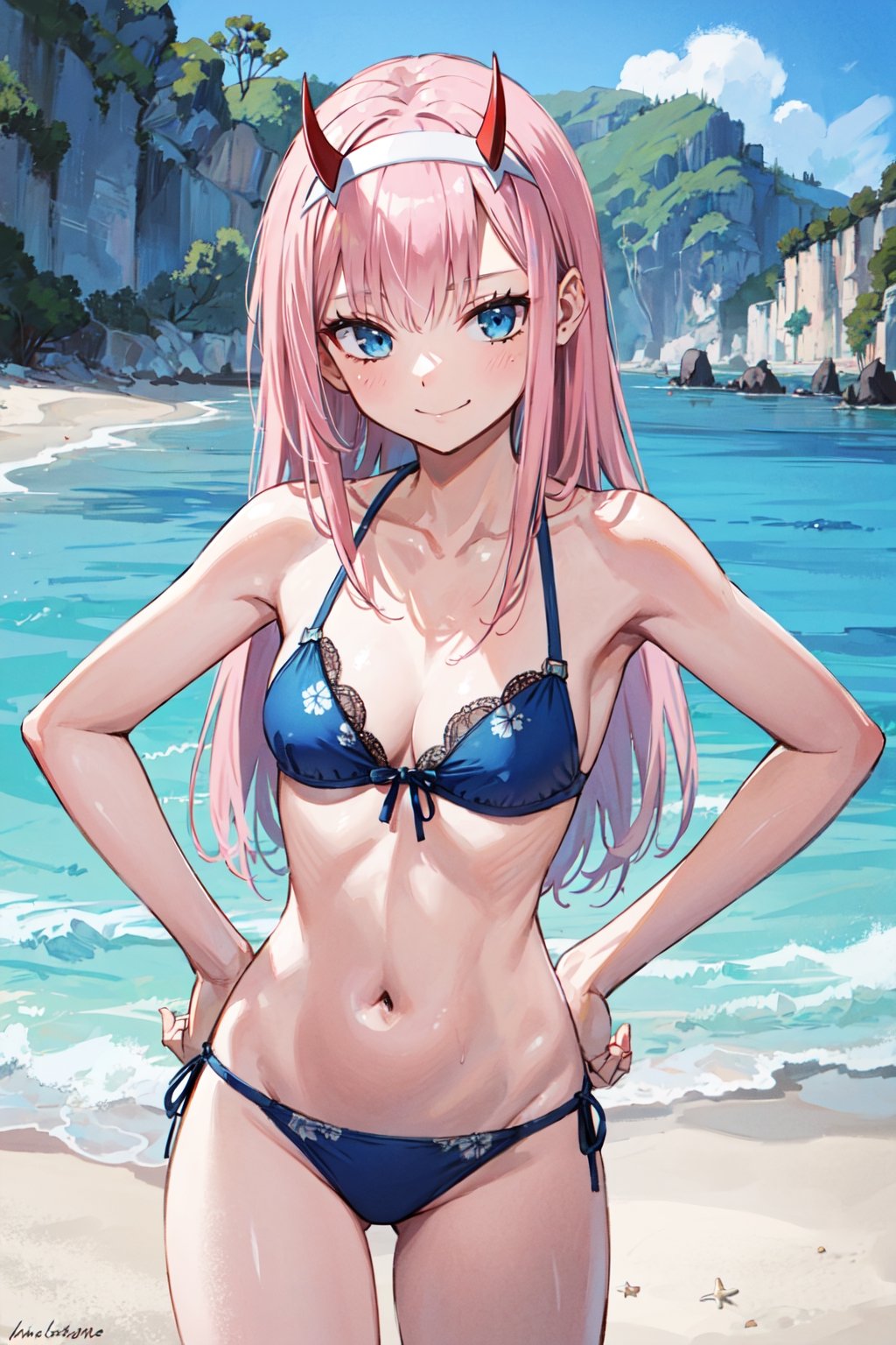 Masterpiece, high quality, best quality,  (extremely detailed), intricately detailed, (natural lighting), BREAK upper body shot, slightly above, 1girl, zero two, tiny horns, headband, hands on hips, (evil smile:1.2), bikini, pink hair, long hair, blue eyes, medium breasts, cleavage, standing, (looking at viewer), beach,