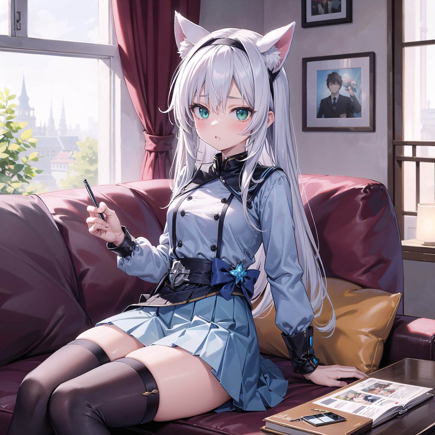 masterpiece, highres, intricate details, perfect face, perfect body proportions, perfect anatomy, cinematic lighting, BREAK (straight on), 1girl, sistineFibelrnd, light blue top, long sleeves, light blue skirt, (tenshi kawai:1.2), (Cyber Angelcore:1.2), thighhighs BREAK sitting on couch, (parted lips), animal ears headband, fake animal ears, green eyes, medium_breasts, long hair, white_hair, BREAK living room, royal, aristrocratic, fantasy,