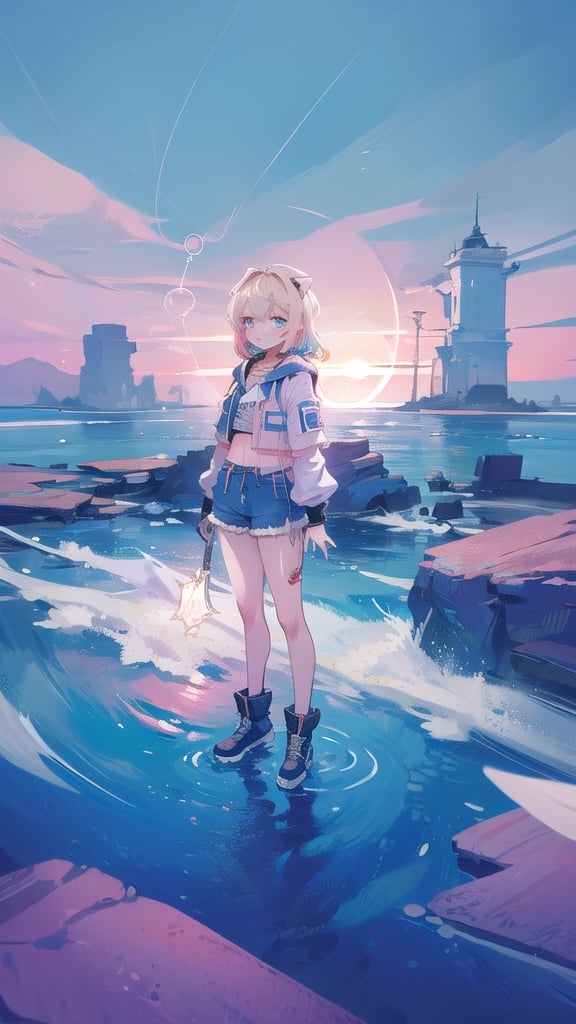 Masterpiece, high quality, ultra detailed, cinematic lighting, vibrant, richly colored, BREAK
1girl, MococoAbyssgard, anxious, parted lips, head tilt, multicolor_hair, blonde, pink highlights, jacket, crop top, shorts, BREAK beautiful serene sky,