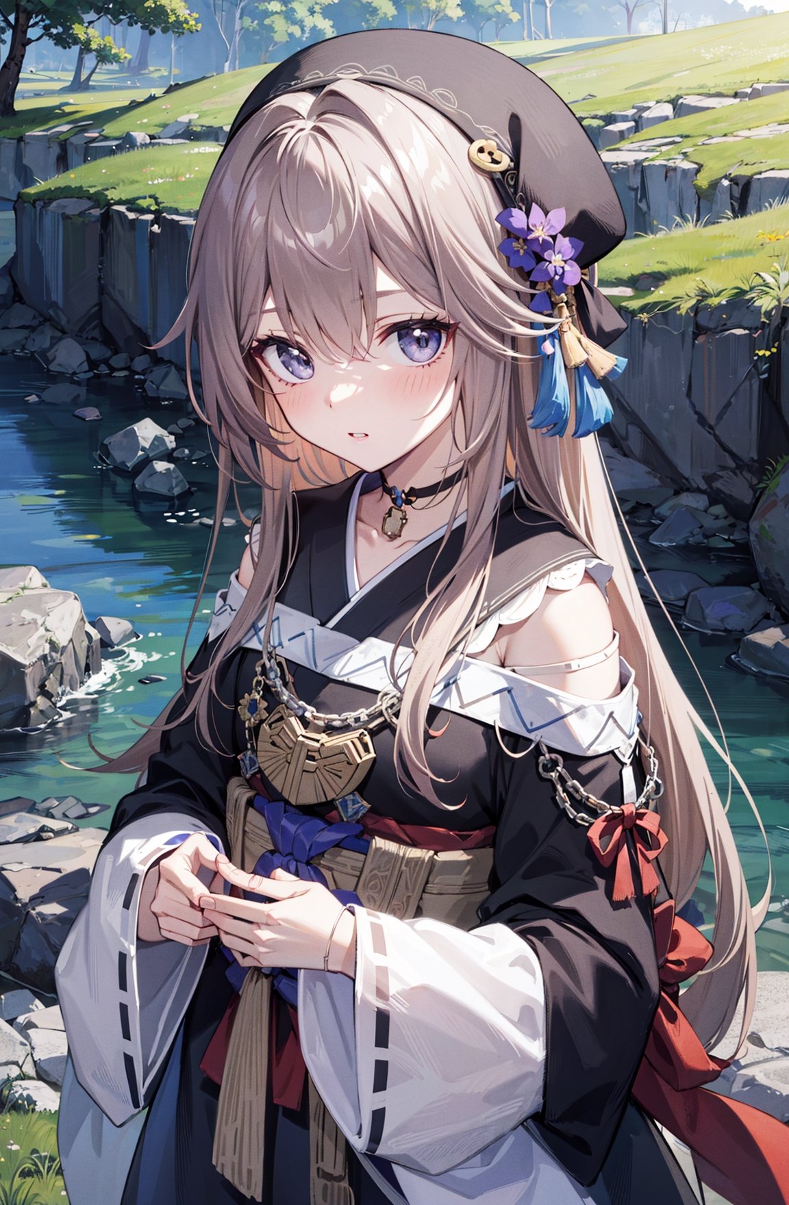 Masterpiece, intricate details, extremely detailed,  natural lighting, perfect face BREAK upper body, 1girl, solo, Herta, cute, petite, standing, (japanese haori:1.3), offshoulder, long sleeves, hands in front, hands held together, long hair, blush, parted lips, small breasts, grey eyes, looking at viewer, BREAK nature, grassy plains, river stream, rocks,no_humans