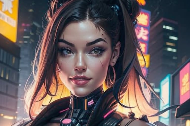 1 woman, close up, smile, cyberpunk, night city