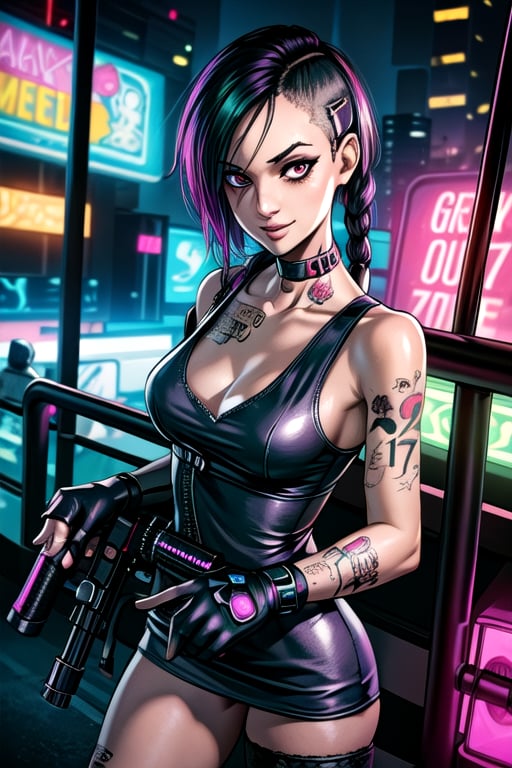 zoomed on face, roof top, gun, guns, futue guns, guns in hand, party, outside, pool, Strip club, pole dancing, neon lights, cyberpunk, sexy dress, see though dress, cut out dress, breasts, tattoos, sexy tattoos, party, club, cyberpunk, 2077, cell phone, flying cars, future car, future, smiling, happy, choker, collar, bdsm collar, 