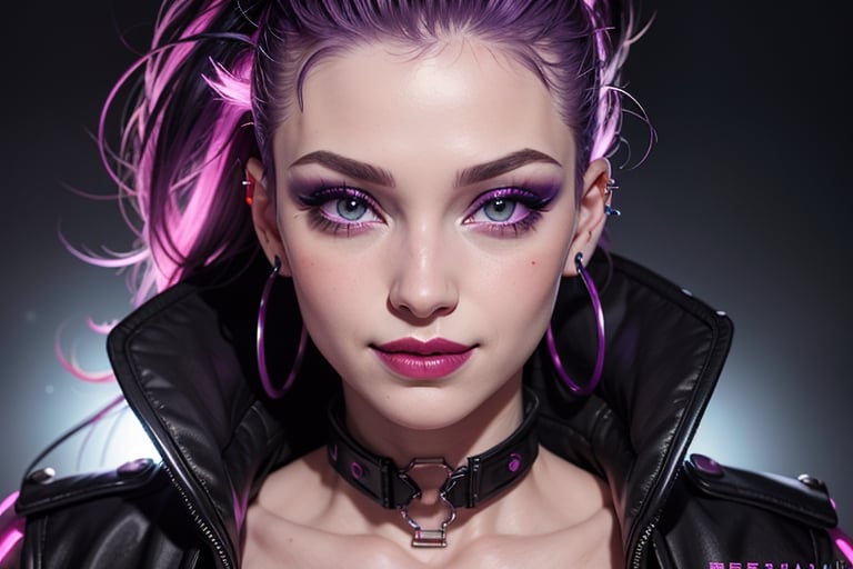 close up, face shot, smile, purple and black jacket, neon light metal collar, 1 girl, , red lips, half shaved head, ear piercings, heavy make-up with  naked, breasts,photo of perfecteyes eyes