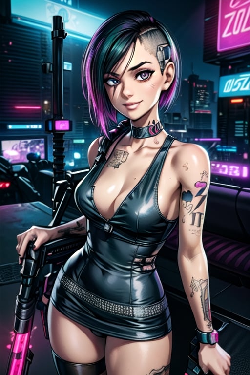 zoomed on face, roof top, gun, guns, futue guns, guns in hand, party, outside, pool, Strip club, pole dancing, neon lights, cyberpunk, sexy dress, see though dress, cut out dress, breasts, tattoos, sexy tattoos, party, club, cyberpunk, 2077, cell phone, flying cars, future car, future, smiling, happy, choker, collar, bdsm collar, 