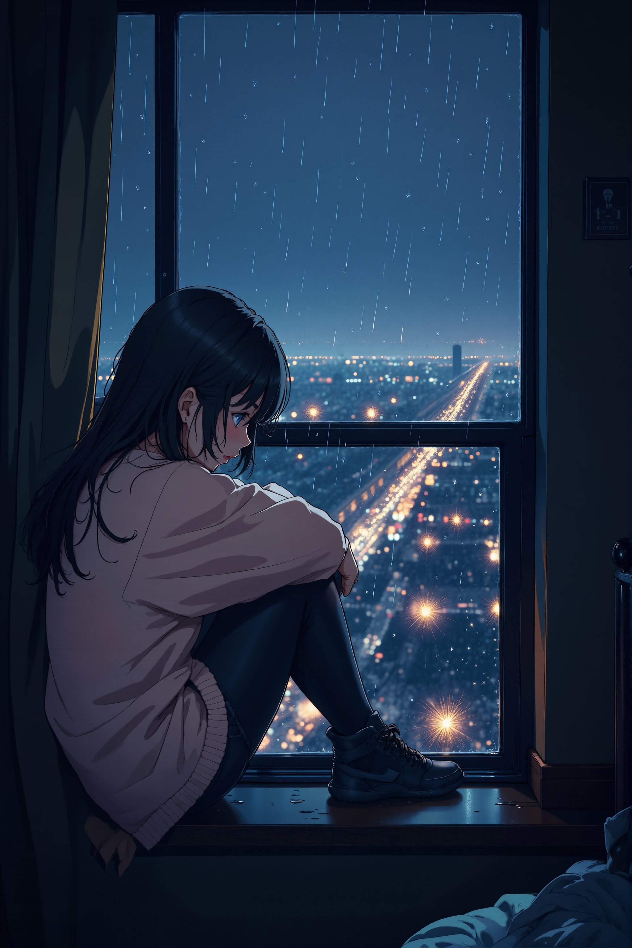 An anime style illustration with a soft, melancholic atmosphere, capturing the delicate emotions of a quiet moment. The girl is wearing a cozy, oversized sweater in soft pastels, paired with dark leggings. She is sitting on a windowsill with her knees drawn close to her chest, resting her chin on her arms as she gazes out at the rain. Her long hair cascades down her back, slightly tousled as if she’s been sitting there for a while, lost in thought. The room is dimly lit with soft shadows. Outside the window, a cityscape stretches into the distance. The rain falls steadily, creating streaks on the glass. In the far distance, city lights are faint, with a soft bokeh effect, gently blurring the colors of distant traffic and streetlights. There are traces of raindrops and condensation on the window, enhancing the feeling of isolation and calm inside. Dim, ambient light fills the room, with the primary light source being the faint glow of the distant city lights. Soft shadows surround the girl, emphasizing the contrast between the warm, interior space and the cold, rainy world outside. There is a subtle reflection of the city lights and rain on the window, adding depth to the image.