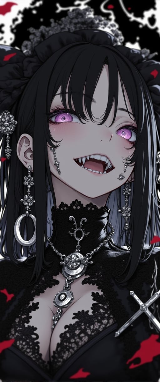 This image shows a drawing of an anime character with dark and mysterious features. The character is female with long, messy black hair that falls over her shoulders. Her facial expression is bold and defiant, as she opens her mouth and shows her sharp fangs, giving the impression that she might be a vampire or some similar creature. Her eyes stand out with a captivating beauty, with a slight violet glow that suggests something mysterious and powerful. She wears dark clothes decorated with delicate lace details and silver accessories, such as the many earrings that adorn her ears and the necklace hanging around her neck.