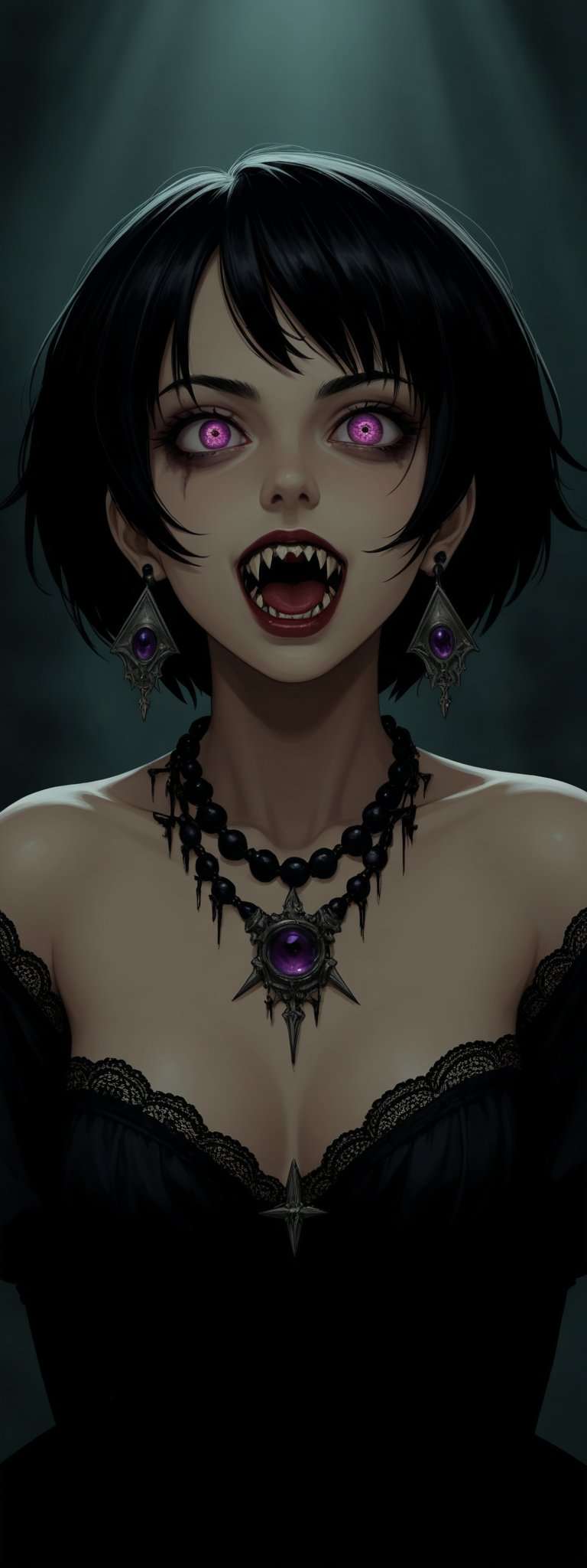 This image shows a drawing of an anime character with dark and mysterious features. The character is female with long, messy black hair that falls over her shoulders. Her facial expression is bold and defiant, as she opens her mouth and shows her sharp fangs, giving the impression that she might be a vampire or some similar creature. Her eyes stand out with a captivating beauty, with a slight violet glow that suggests something mysterious and powerful. She wears dark clothes decorated with delicate lace details and silver accessories, such as the many earrings that adorn her ears and the necklace hanging around her neck.