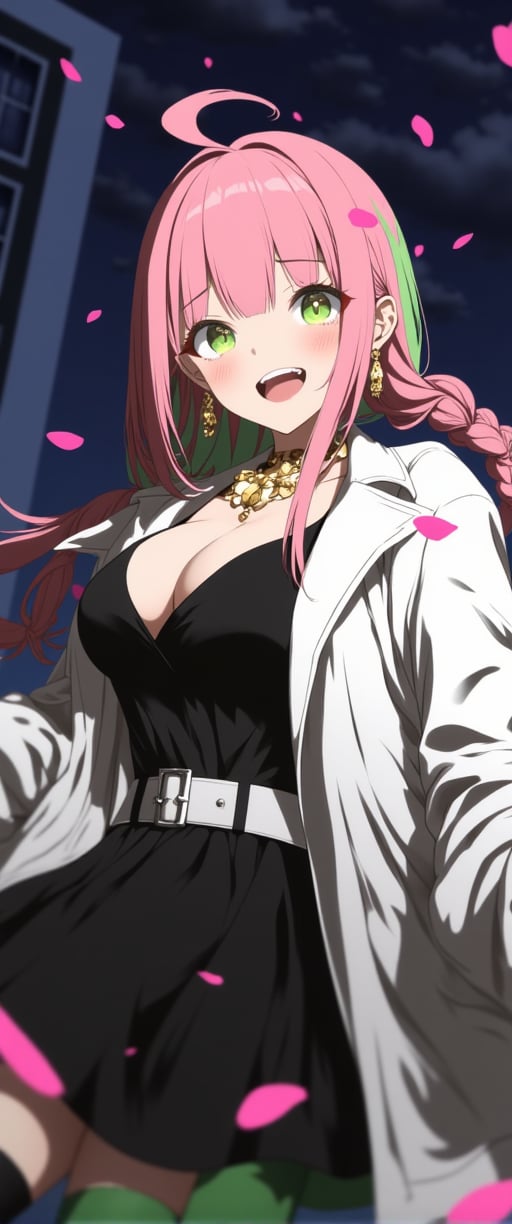  pink hair with green tips and large, green eyes. She is wearing a white jacket over a black dress with a plunging neckline, and her outfit is completed by a white belt with a gold buckle and green stockings. Her braided hair is adorned with a few loose strands framing her face, and she is smiling with her mouth open, revealing her teeth. In the background, a building with windows and a dark sky with clouds are visible, suggesting that the scene is set at night. Pink petals are falling around the character, adding a touch of whimsy to the image. Overall, the image presents a playful and lively atmosphere, with the character's bright smile and colorful attire drawing the viewer's attention.
