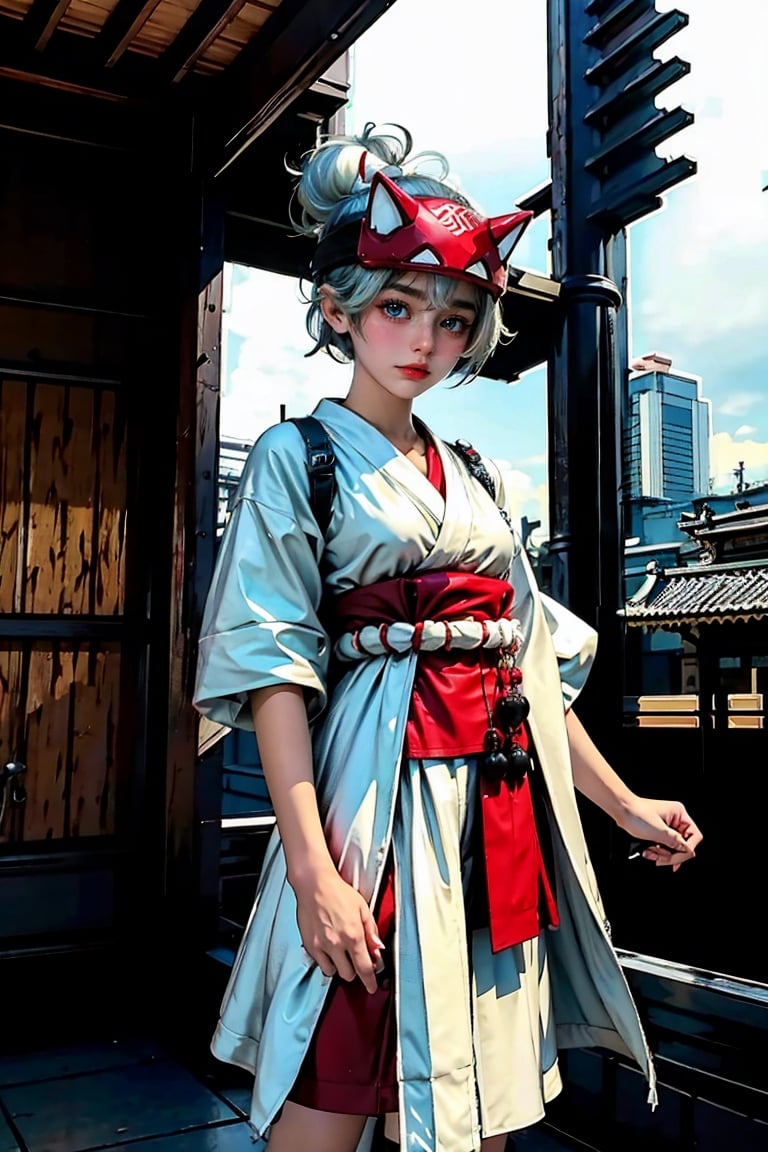 (masterpiece,  top quality,  best quality,  official art,  beautiful and aesthetic:1.2),  (1girl:1.3),  heterochromia , white hair,medium breasts, white kimono, red skirt,kiriko, cityscape, fox mask, temple , miko embrace