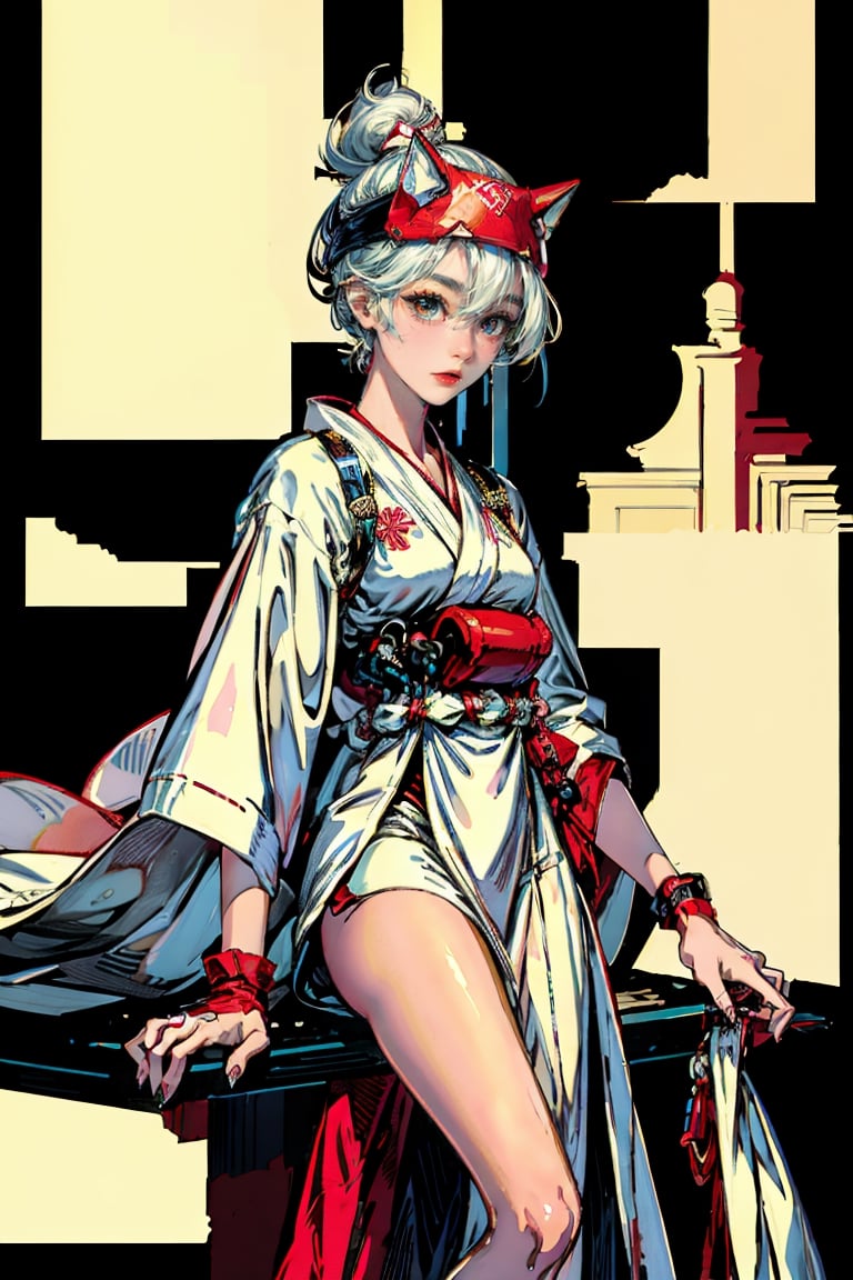 (masterpiece,  top quality,  best quality,  official art,  beautiful and aesthetic:1.2),  (1girl:1.3),  heterochromia , white hair,medium breasts, white kimono, red skirt,kiriko, cityscape, fox mask, temple , miko embrace