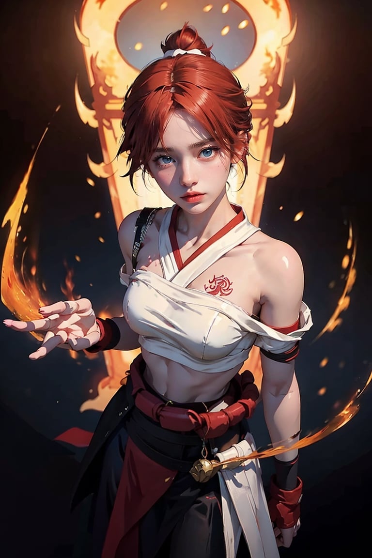 masterpiece:1.2), best quality, PIXIV, arcana, arcana, solo, red hair, white hair,fire power, long hair, dragon  fire, spirit, croptop,lina, ,1girl, kimono, witch,kiriko, from above, sarashi,bandage_bra, fire ball, fire fox