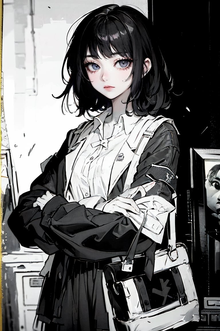 female, ((masterpiece, best quality, ultra detailed, absurdres):1.5), 1girl, beautiful, ZGirl, black uniform, school_uniform,oil painting style,ZGirl,monochrome, grey scale