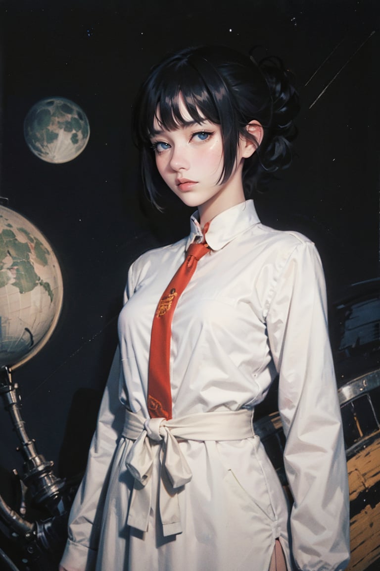 1girl,female, ((masterpiece, best quality, ultra detailed, absurdres), upper body, short hair, chinese cloth, moon, hime cut, shirt, long dress,HimikoT