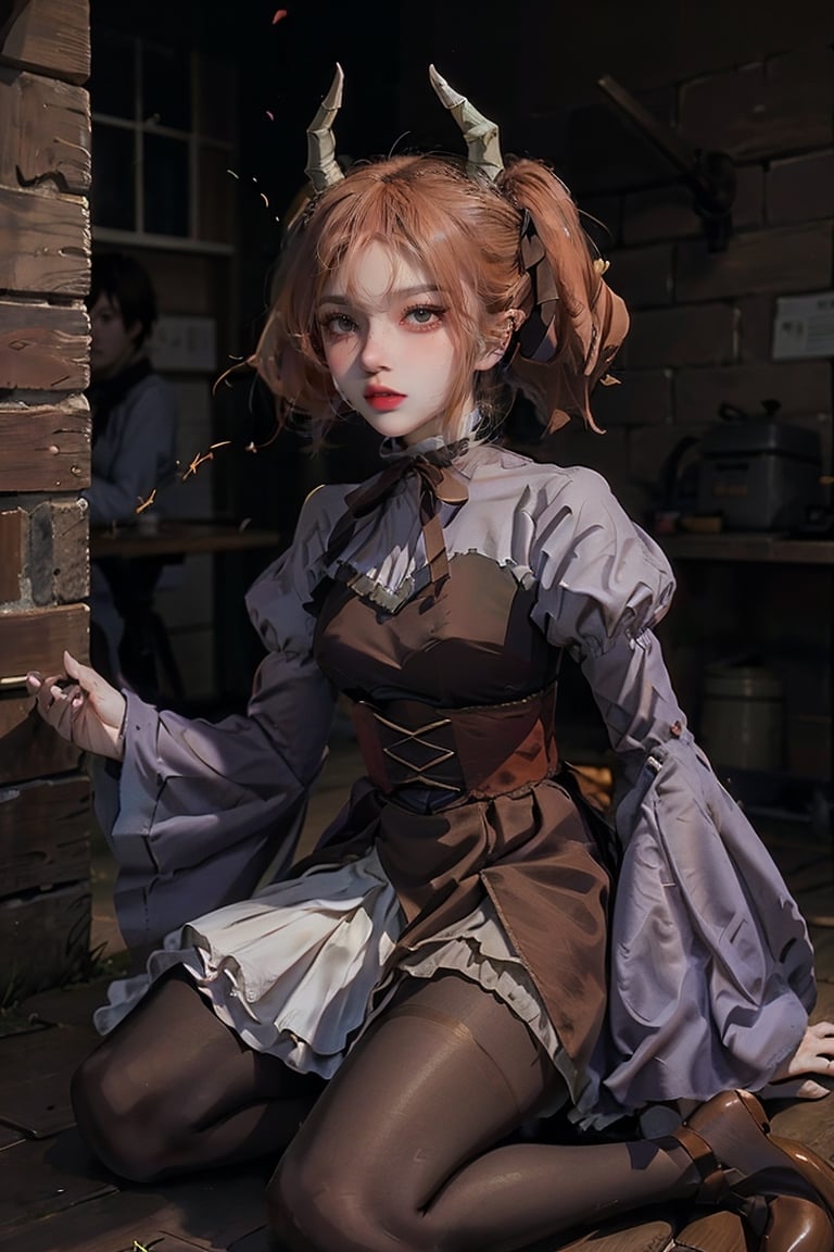 female, ((masterpiece, best quality, ultra detailed, absurdres),
liniefrieren, long sleeves, ribbon, hair between eyes, twintails, hair ribbon, horns, puffy sleeves, juliet sleeves, brown bow, brown ribbon, pantyhose, brown footwear, brown dress, wide sleeves,liniefrieren