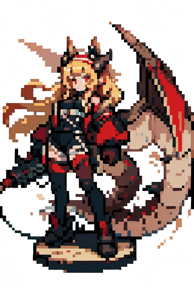 female, ((masterpiece, best quality, ultra detailed, absurdres):1, yellow hair,retroartstyle,dragon ear,ang_dv, dragon mechanic,Pixel art