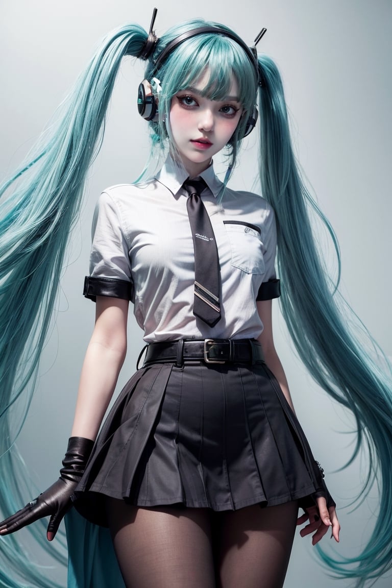 female, ((masterpiece, best quality, ultra detailed, absurdres):1.5),mikusound,miku, hatsune_miku, skirt, holding,shirt, gloves, holding, hair between eyes, twintails, very long hair, closed mouth, standing, short sleeves, pantyhose, pleated skirt, necktie, collared shirt, belt, miniskirt, aqua eyes, blue skirt, black pantyhose, black shirt, aqua hair,head phone, photorealistic, 