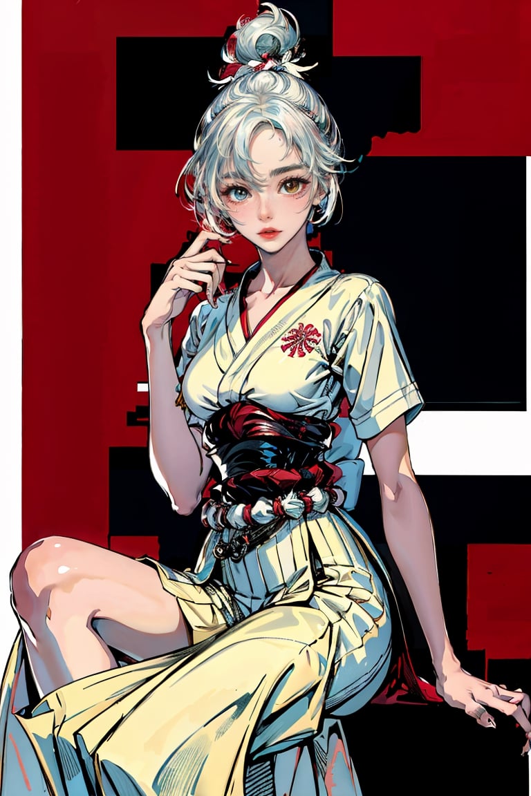 (masterpiece,  top quality,  best quality,  official art,  beautiful and aesthetic:1.2),  (1girl:1.3),  heterochromia , white hair,medium breasts, white kimono, red skirt,kiriko, cityscape