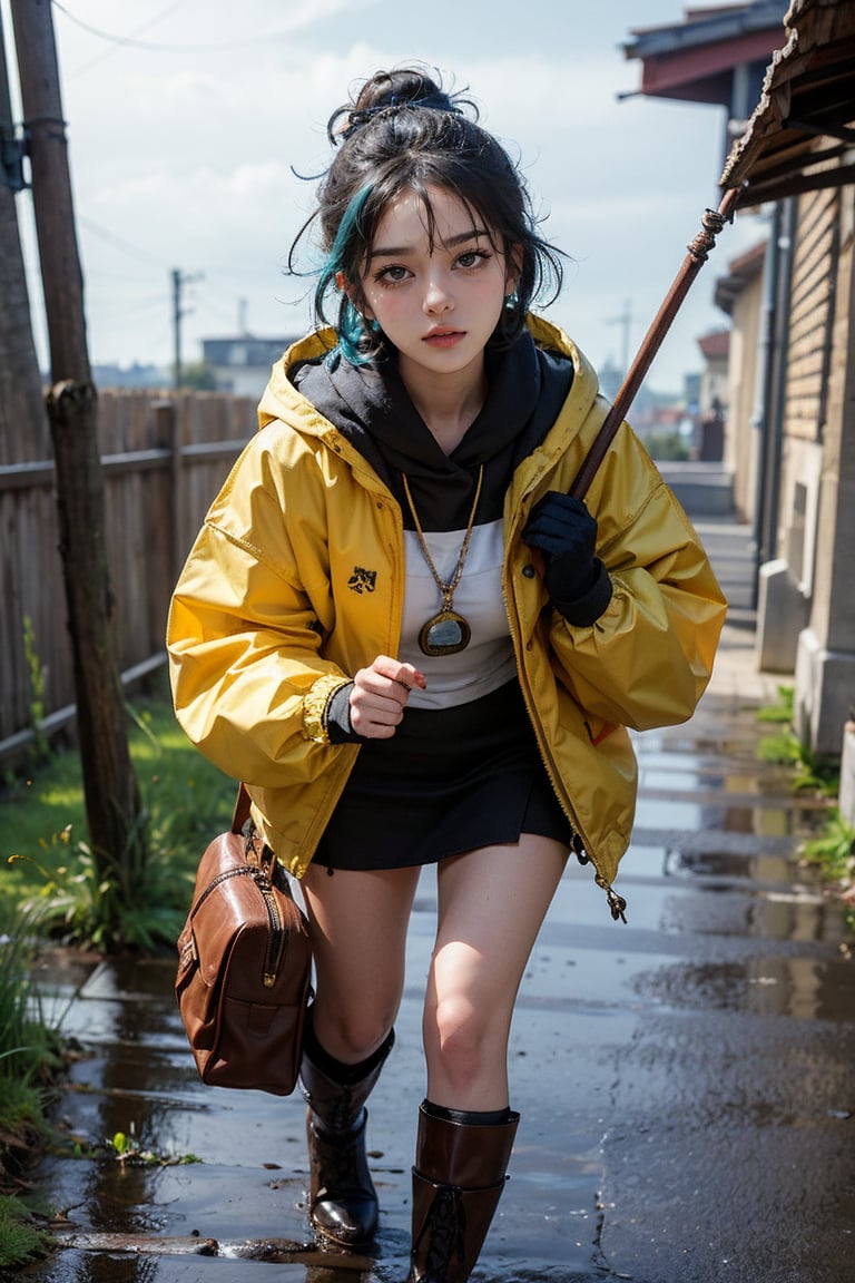 1girl,female, ((masterpiece, best quality, ultra detailed, absurdres), hime cut,HimikoT,  She has blue hair and wears a yellow rain jacket, which is colored in reference to the flag of the Vatican City as well as a symbol for "journeying through life's storms". She carries a pilgrim's staff, which represents "the pilgrimage toward eternity", and wears mud-stained boots to represent "a long and difficult journey". Her eyes have highlights in the shape of a scallop shell, a traditional symbol of Catholic pilgrimage; her shining eyes were described as "a symbol of the hope of the heart". She also wears a rosary. Simone Legno said that he hopes "Luce can represent the sentiments that resonate in the hearts of the younger generations