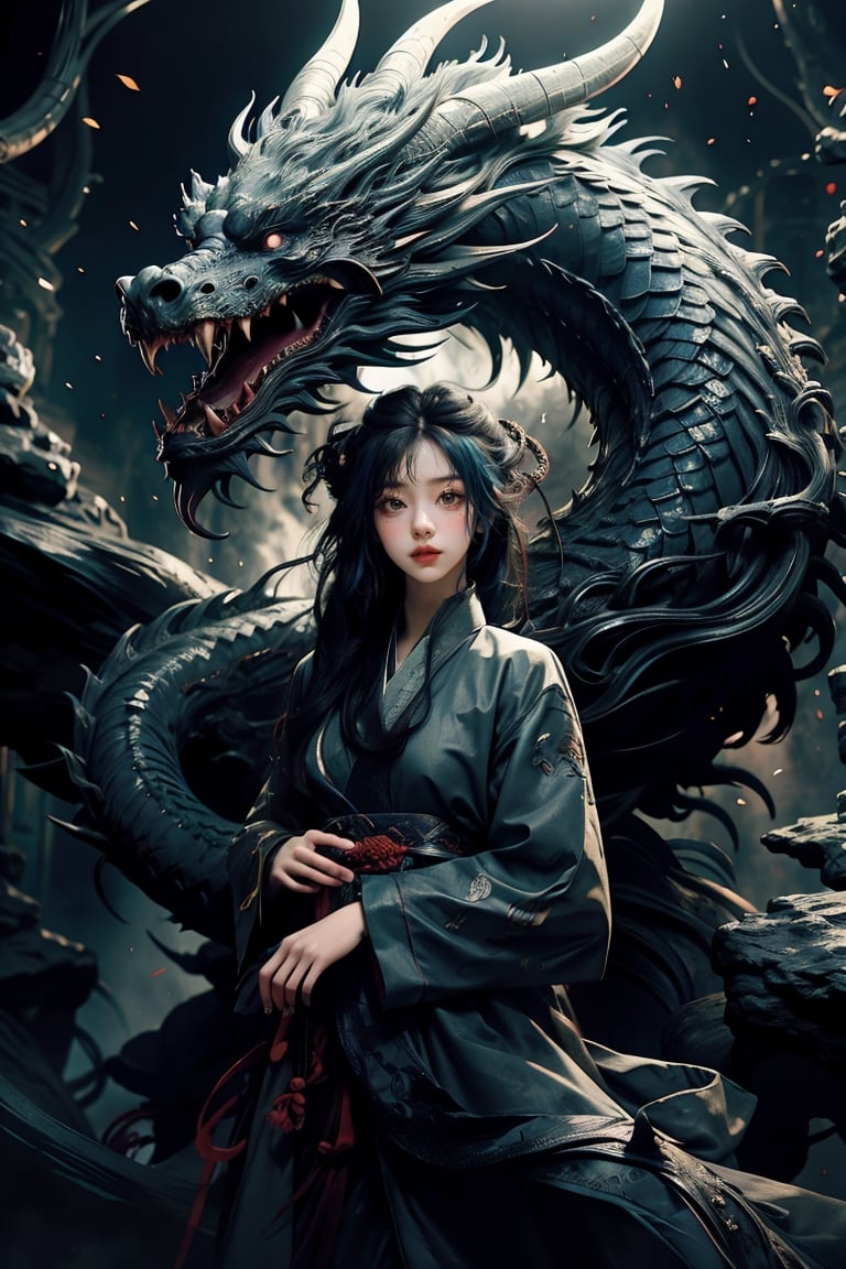 masterpiece, top quality, best quality, official art, beautiful and aesthetic:1.2), (1girl:1.3), , girl, blue hair, hanfu fashion, chinese dragon, eastern dragon, dark theme, volumetric lighting, ultra-high quality, photorealistic, rock moutain background,SharpEyess,AgoonGirl,concept_dragon photo,demonictech