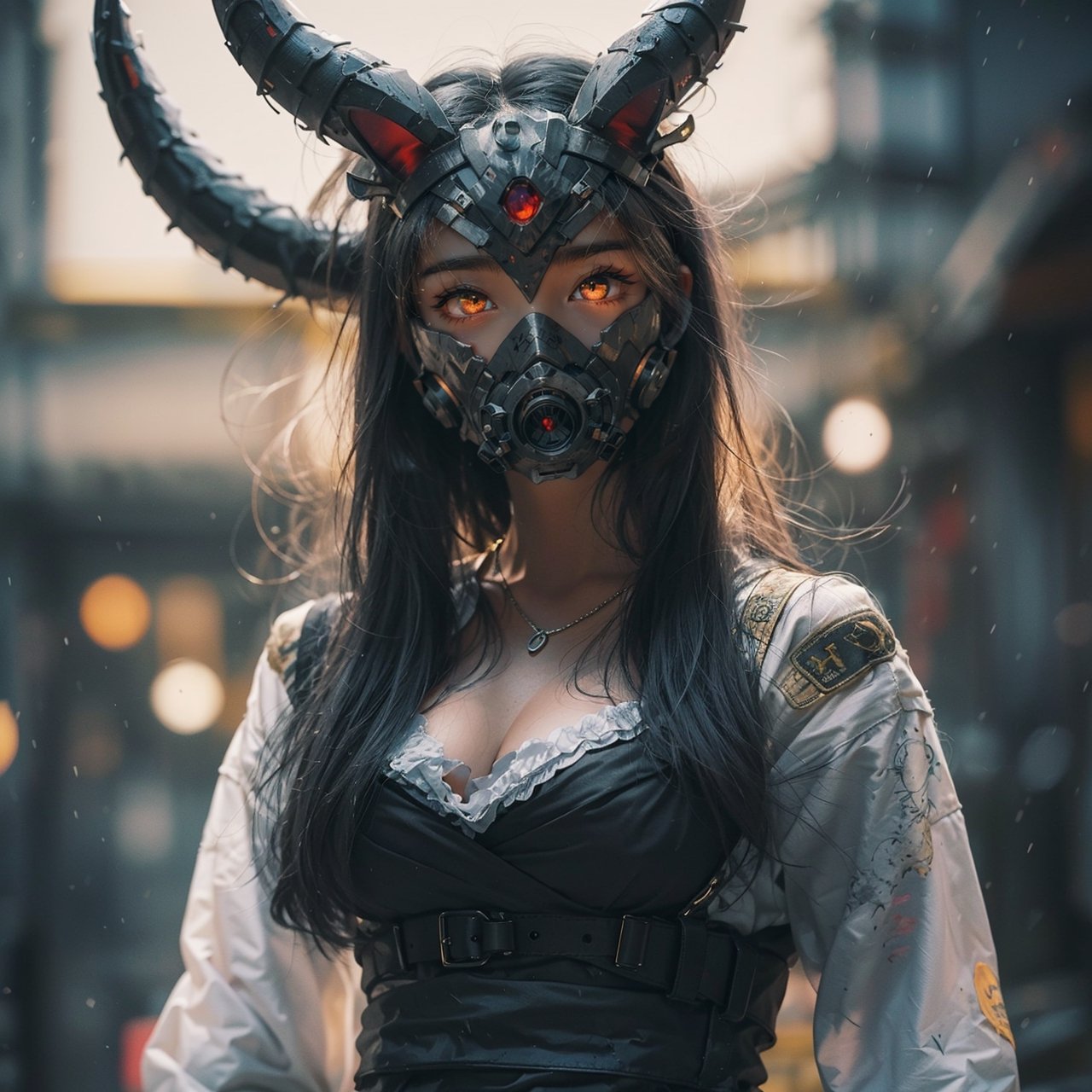 AgoonGirl,High detailed ,midjourney,1 girl,outfit, halloween themes,urban techwear,gas mask,dragon ear