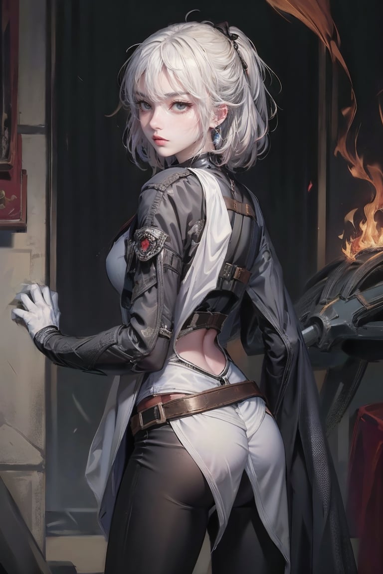 female, ((masterpiece, best quality, ultra detailed, absurdres), girl), (beauty girl), (ultra-high picture quality) ,(ultra realistic,32k, masterpiece:1.2),(high detailed skin:1.1),( high quality:1.1), A cute girl with white hair,  bow , from below,chung, full body, attack, short hair, ninja, gas mask