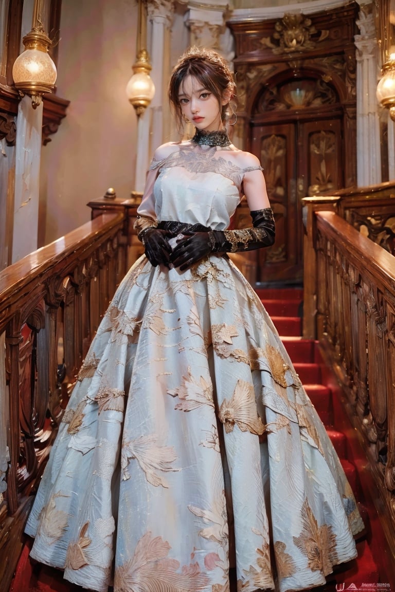 female, ((masterpiece, best quality, ultra detailed, absurdres):1.5), 1girl,solo,looking at viewer,brown hair,black hair,gloves,dress,bare shoulders,standing,full body,black gloves,elbow gloves,indoors,hair bun,white dress,black dress,strapless,strapless dress,stairs,long dress,red lips,