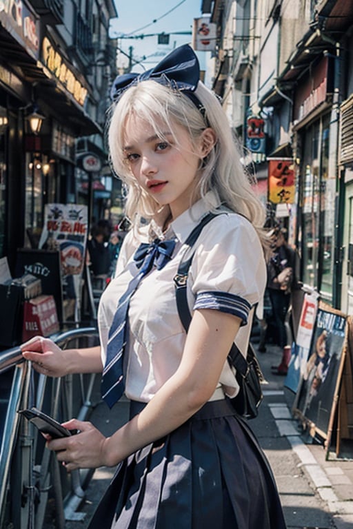 (8k, RAW photo, best quality, masterpiece:1.3),(realistic,photo-realistic:1.37),(night),(looking at viewer:1.3),(white hair:1.3),posing,Tokyo street,nightcityscape, cyberpunk city,soft light,1girl,extremely beautiful face,bust,put down hands,Random hairstyle,Random expression,big eyes, ,lower abdomen,(short-sleeved 
JK_shirt),JK_style,(dark blue JK_skirt) ,(bow JK_tie),,mix4art by artgerm and greg rutkowski and alphonse mucha,short-sleeved JK_shirt , ,